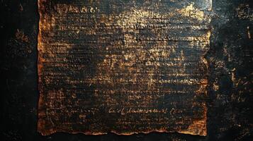 Ancient parchment with script resting against dark surface photo