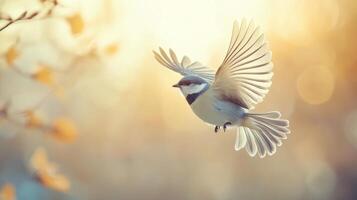 A bird flying in the air with a sun shining photo