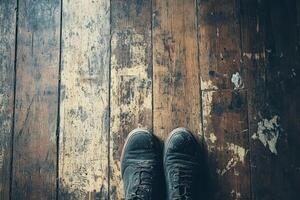 Dusty shoes stand on distressed and worn hardwood flooring photo