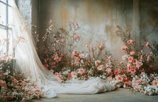 A wedding dress is surrounded by flowers in an old room photo