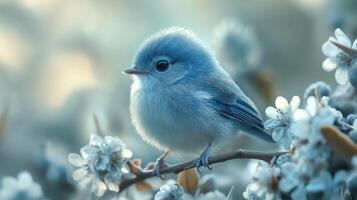 A small blue bird is perched on a branch of flowers photo