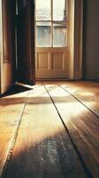 Light streams onto a hardwood floor through a partially open door photo