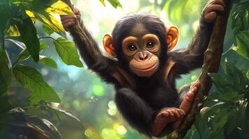 A baby chimpanzee is hanging from a tree branch photo
