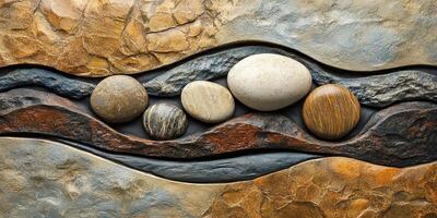 Assorted natural stones displayed on textured rock background photo