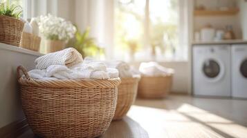 Colorful towels stored in woven baskets surrounded by plants in bright indoor space photo