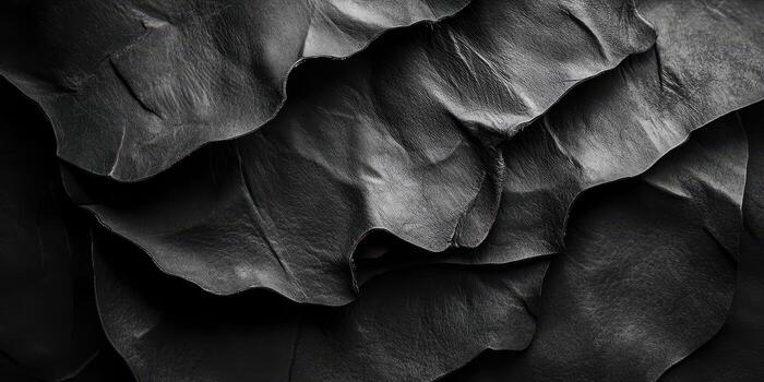 Abstract arrangement of textured black leather with curled edges photo