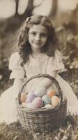 Young child holding a basket of decorative eggs in a garden setting during springtime photo