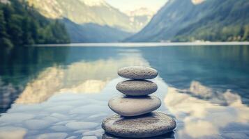 Stacked stones balance serenely in clear lake water photo
