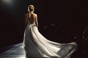 Elegant model walks the runway in a flowing evening gown during fashion week event photo