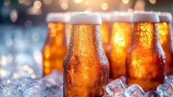 Chilled bottles of beer on ice with sunlight shining through in a warm outdoor setting photo