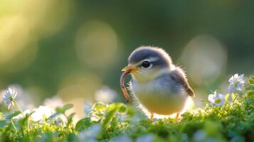 Cute baby bird catching a worm in a vibrant green garden during springtime photo