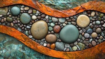 Assorted river stones and rocks arranged within rocky borders photo