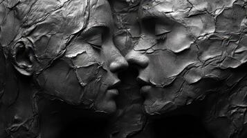 Two sculpted faces almost touching in a textured monochrome scene photo