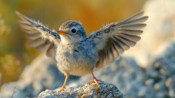 A small bird with its wings spread out photo
