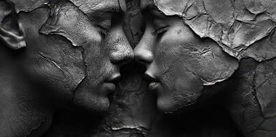 Two individuals in close proximity with textured grey skin photo