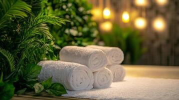 Towels in spa room with green plants photo