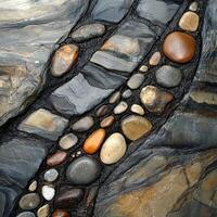 Assorted smooth rocks nestled between larger stone slates photo