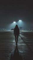 A person walking on an airport runway at night photo