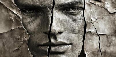Shattered face of a man emerging from torn paper photo