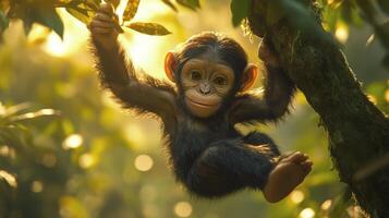 A baby chimpanzee hanging from a tree branch photo