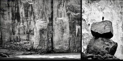 Solitary figure atop balanced rocks within a grand canyon photo