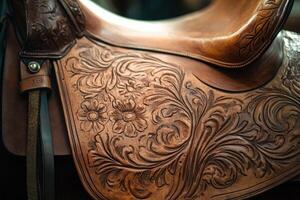 Embossed leather saddle features intricate floral and leaf design photo