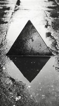 A black and white photo of a puddle with a triangle in it