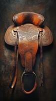 Ornate leather horse saddle with tooling rests against a dark background photo