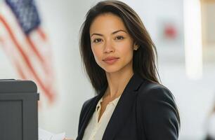 A woman in a business suit is holding a piece of paper photo