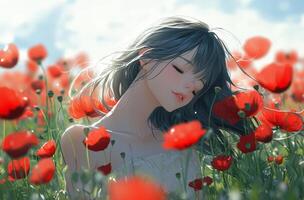 A girl in a field of red poppies photo