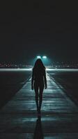 A person walking down an airport runway at night photo