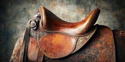 Detailed view of a weathered and worn leather horse saddle photo