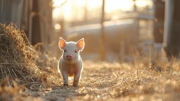 A small pig standing in a field with hay photo