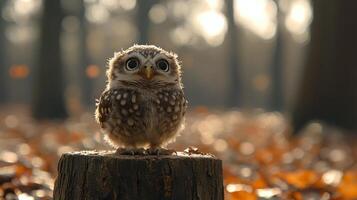 A little owl sitting on a stump in the woods photo