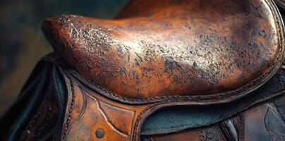 Close up of an aged brown leather horse saddle photo