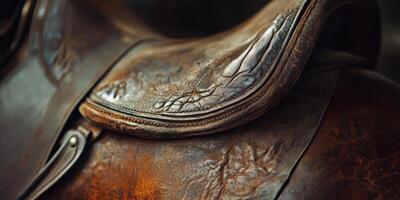 Close up shot of an aged leather horse saddle photo