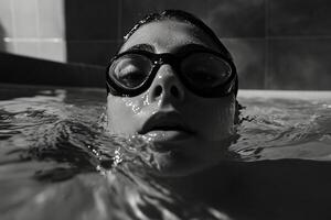 A person wearing goggles in a pool photo