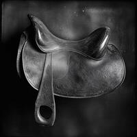 A black and white image shows a decorative horse saddle photo