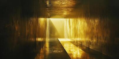 Gold colored hallway with light illuminating the tunnel end photo