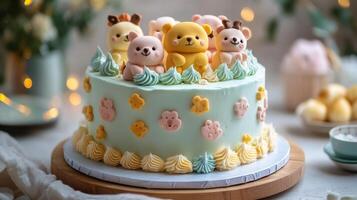 A cake with a bunch of animals on top photo