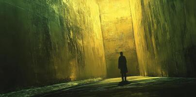 A lone figure stands in the shadow of towering walls photo