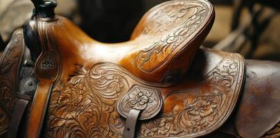 Ornate leather horse saddle with floral carvings is displayed photo