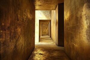 An endless gold textured corridor with geometric etched walls photo