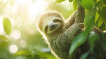 A baby sloth is hanging from a tree branch photo