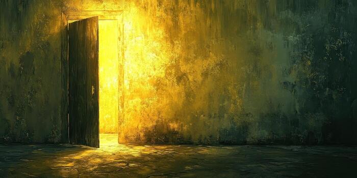 Darkened room illuminates through a slightly open doorway photo