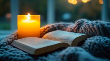 An open book and a candle on a blanket in front of a window photo