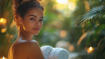 A woman with a towel wrapped around her is standing in front of a spa photo