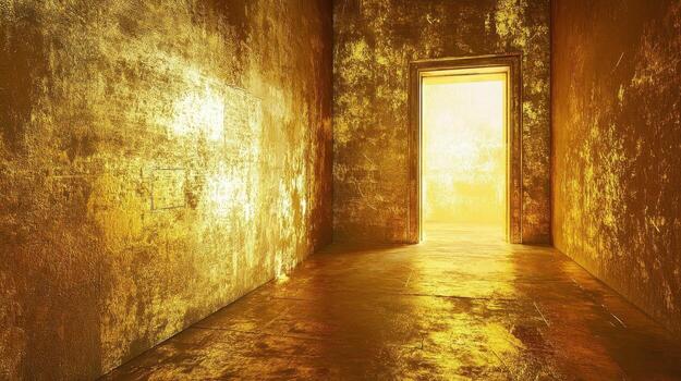 Bright golden room with open doorway and textured walls photo