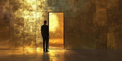 Man in suit stands before a golden doorway photo