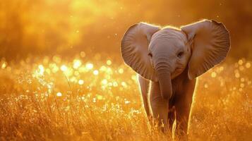An elephant is walking through a field of tall grass photo